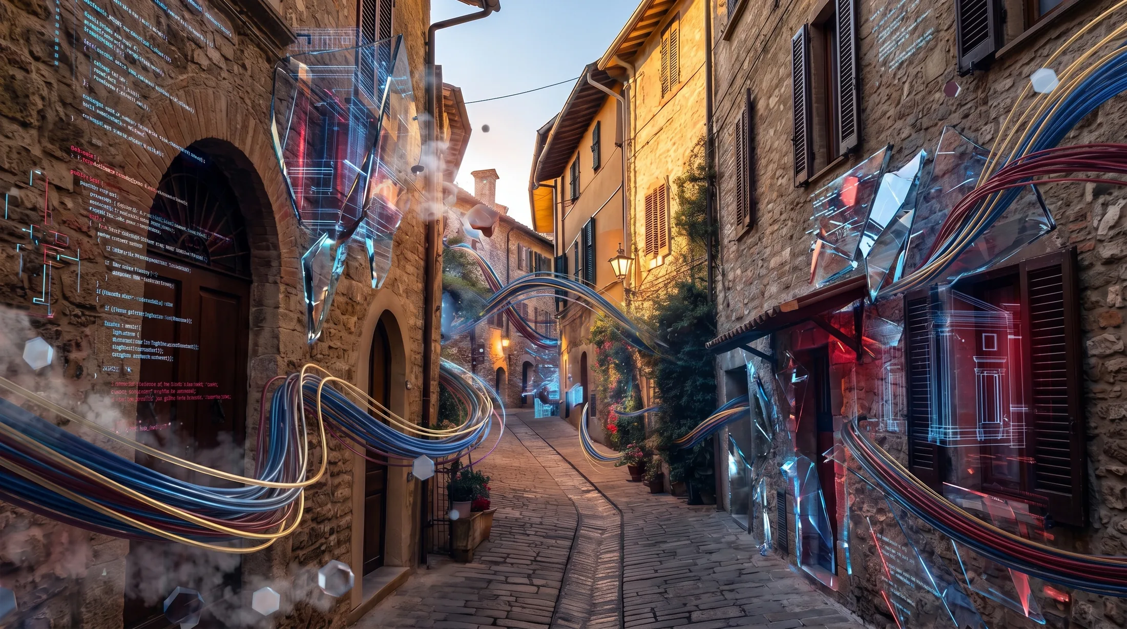 Paesaggio italiano attraversato da strutture futuristiche luminose